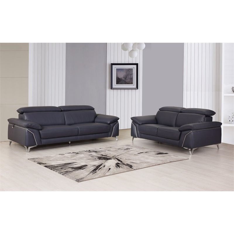 Titan Furnishings Modern Genuine Italian Leather Sofa & Loveseat Set in Navy