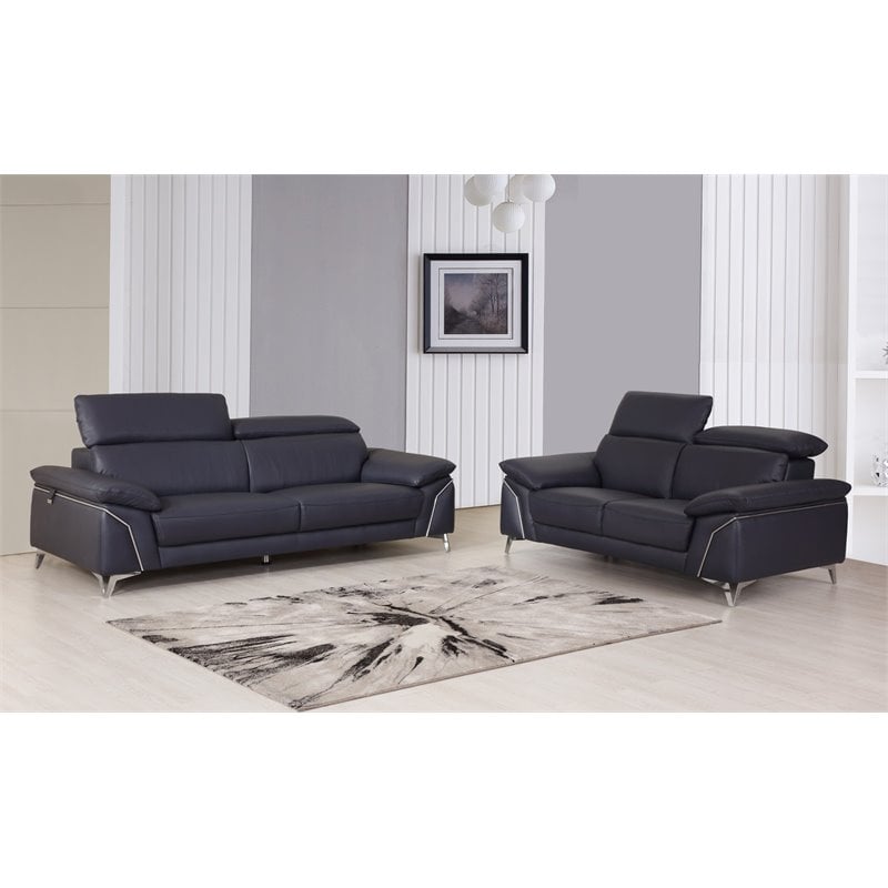 Titan Furnishings Modern Genuine Italian Leather Sofa & Loveseat Set in Navy