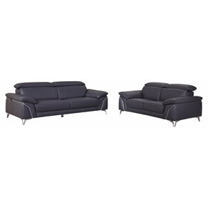 Titan Furnishings Modern Genuine Italian Leather Sofa & Loveseat Set in Navy