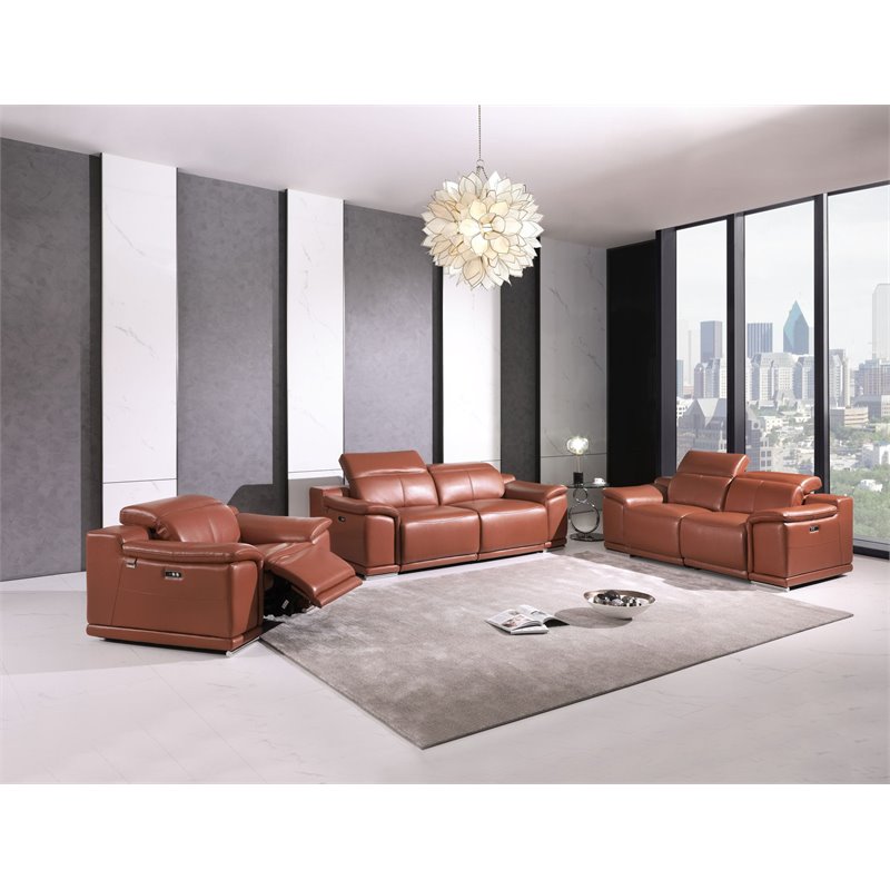 Titan Furnishings Genuine Leather Power Reclining Sofa Set in Camel Brown