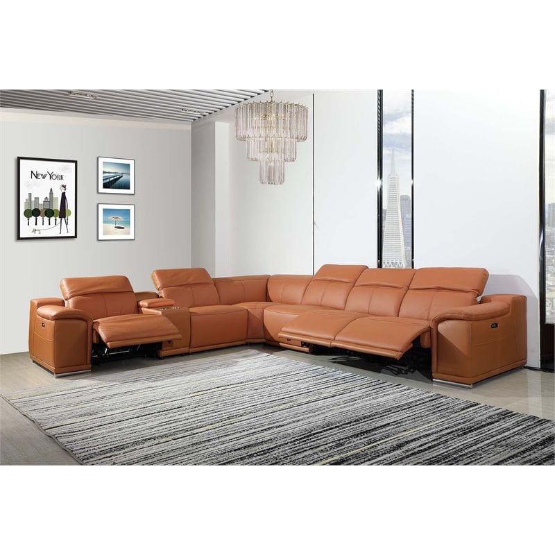 Titan Furnishings 7-Piece 1 Console 3-Power Reclining Leather Sectional in Brown
