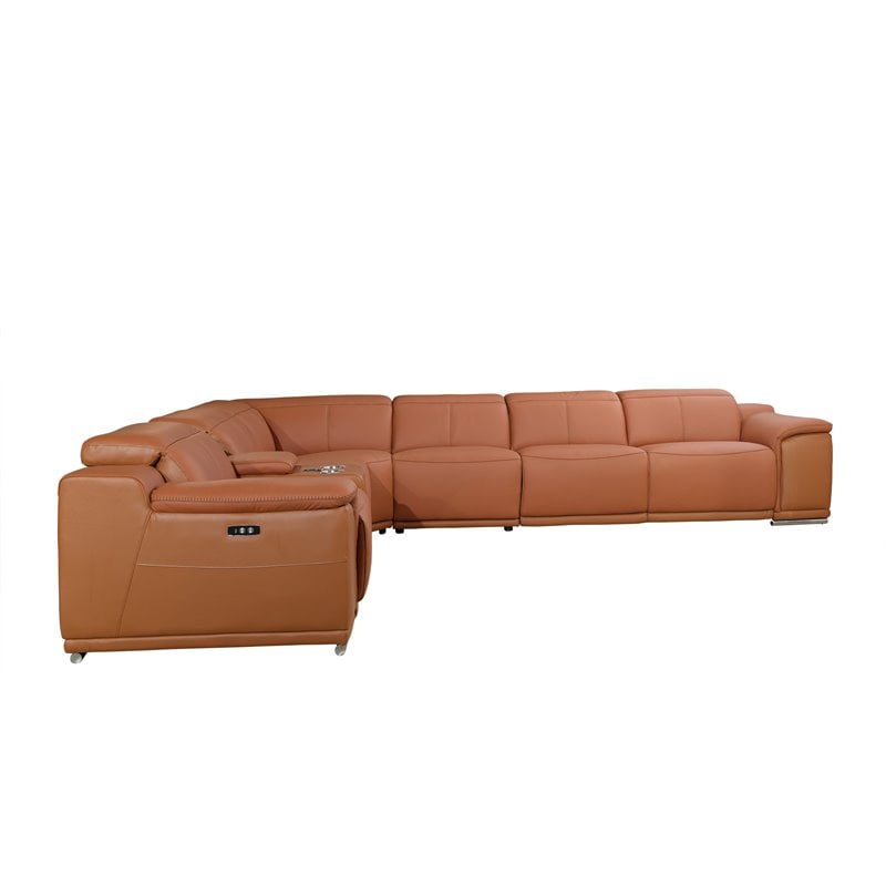 Titan Furnishings 7-Piece 1 Console 3-Power Reclining Leather Sectional in Brown