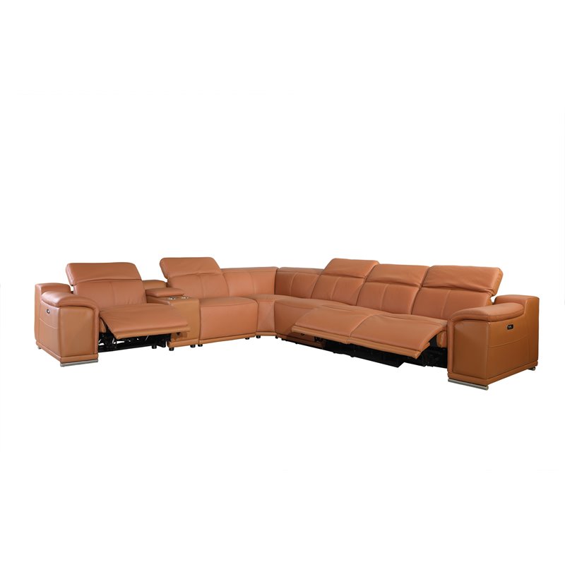 Titan Furnishings 7-Piece 1 Console 3-Power Reclining Leather Sectional in Brown