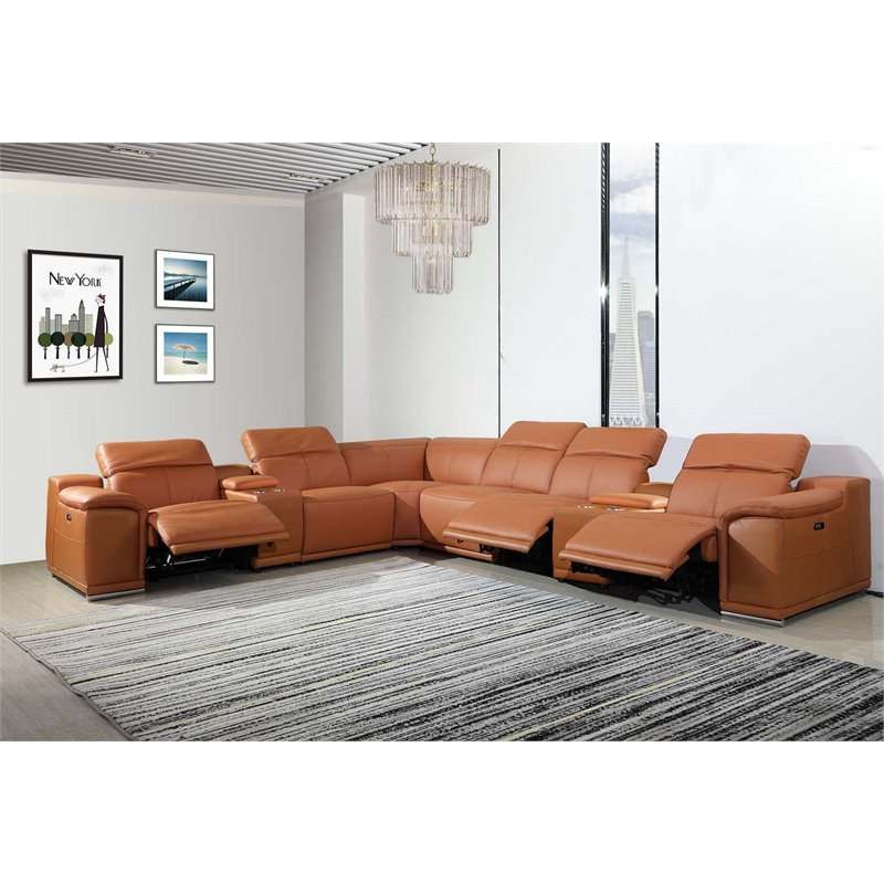 Titan Furnishings 8-Piece 2-Console 3-Power Reclining Leather Sectional in Brown