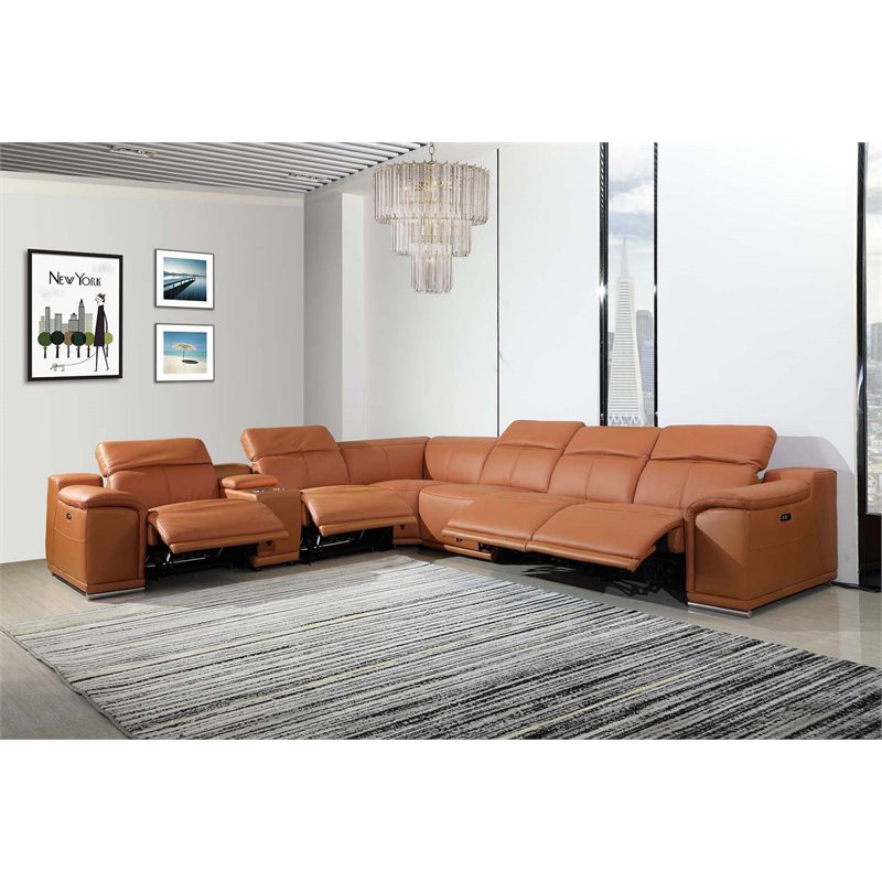 Titan Furnishings 7-Piece 1 Console 4-Power Reclining Leather Sectional in Brown