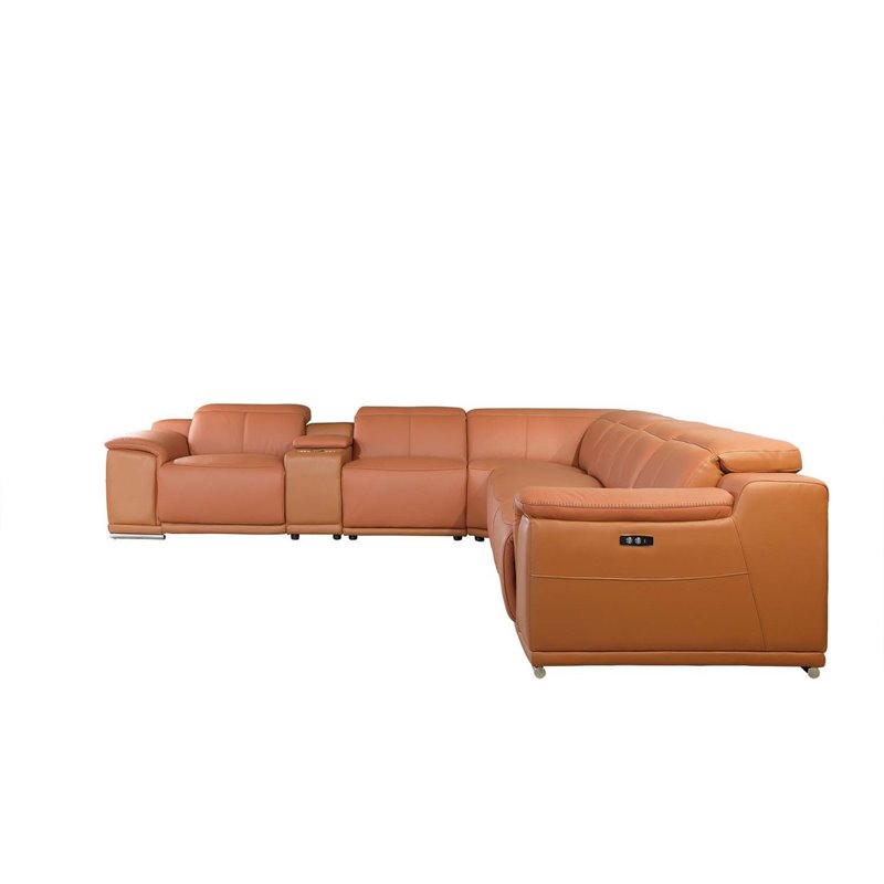 Titan Furnishings 7-Piece 1 Console 4-Power Reclining Leather Sectional in Brown