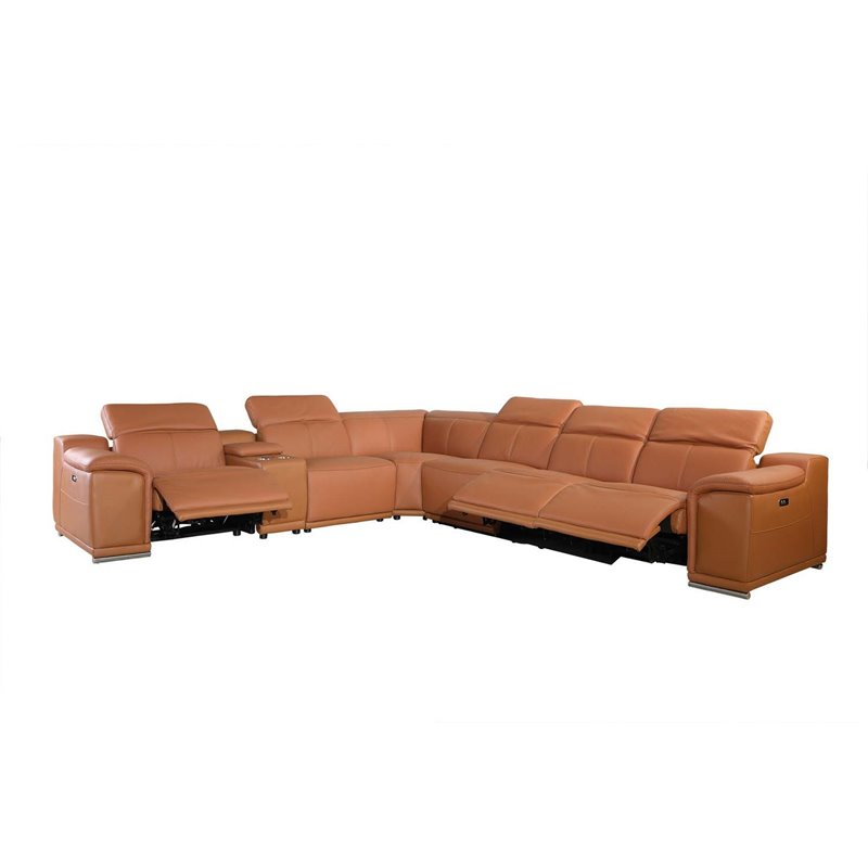 Titan Furnishings 7-Piece 1 Console 4-Power Reclining Leather Sectional in Brown