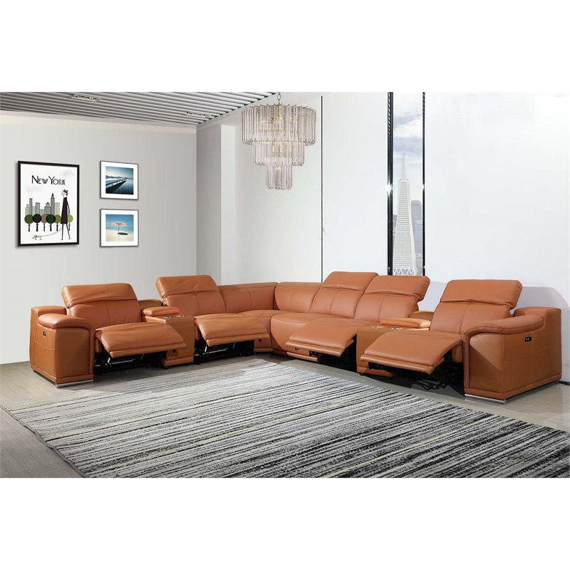 Titan Furnishings 8-Piece 2-Console 4-Power Reclining Leather Sectional in Brown