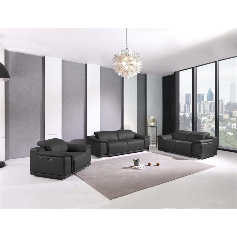 Titan Furnishings Genuine Leather Power Reclining Sofa Set in Dark Gray