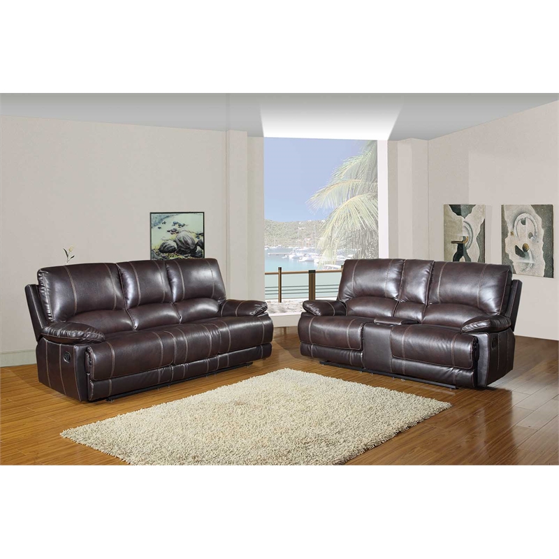 Titan Furnishings Transitional Faux Leather Sofa with Console Loveseat in Brown
