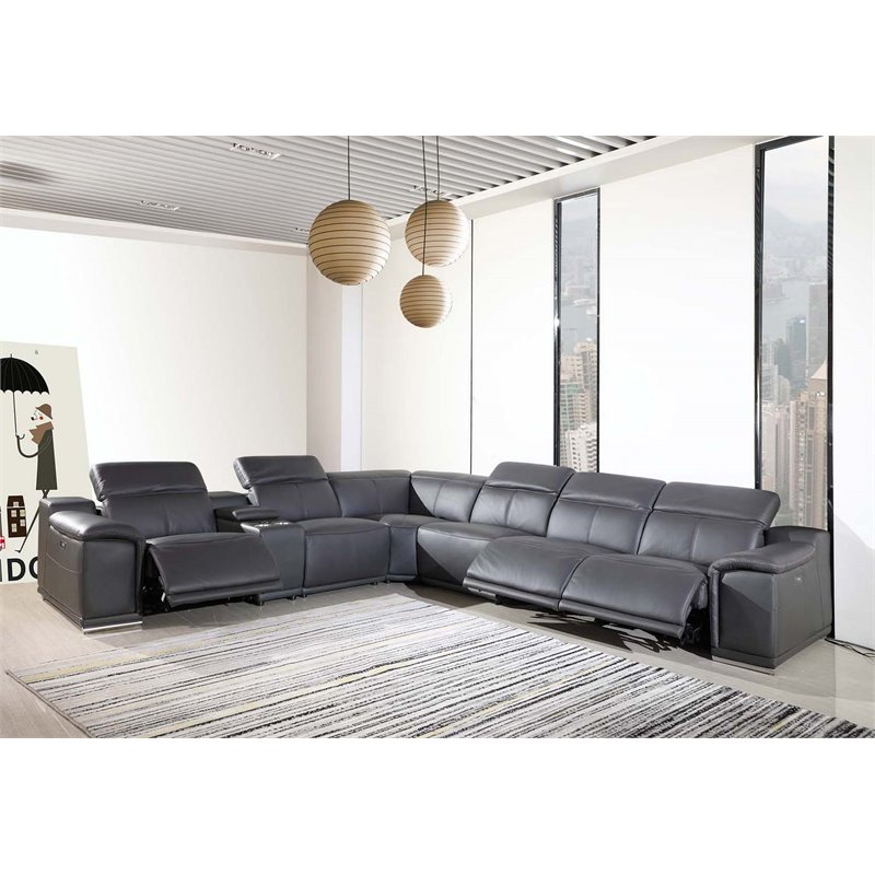 Titan Furnishings 7-Piece 1 Console 3-Power Reclining Leather Sectional in Gray
