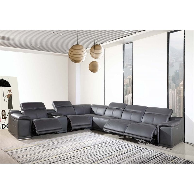 Titan Furnishings 7-Piece 1 Console 4-Power Reclining Leather Sectional in Gray