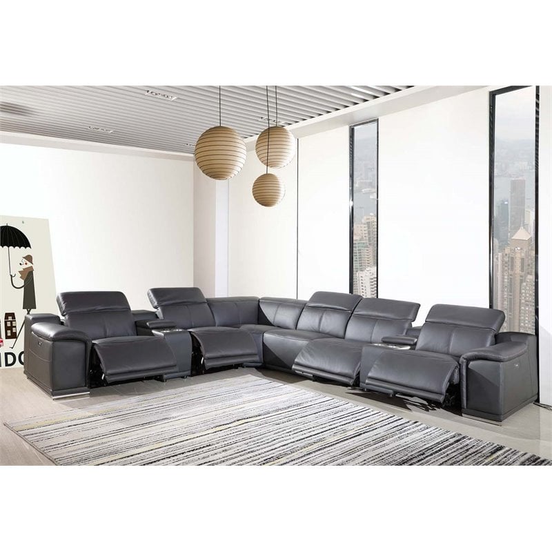 Titan Furnishings 8-Piece 2-Console 4-Power Reclining Leather Sectional in Gray