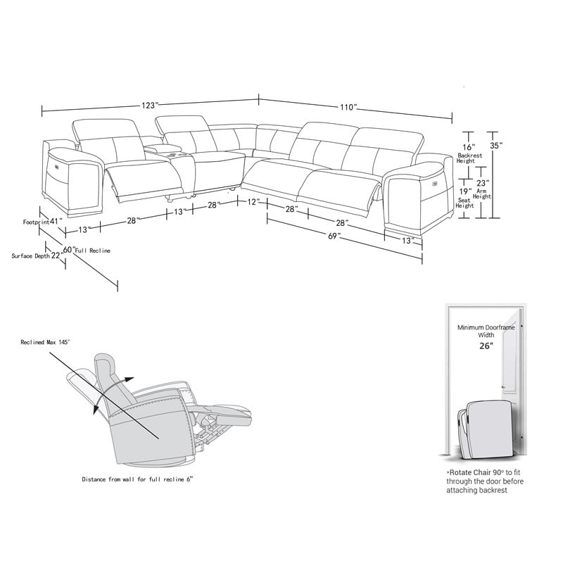 Titan Furnishings 6-Piece 1 Console 3-Power Reclining Leather Sectional in White
