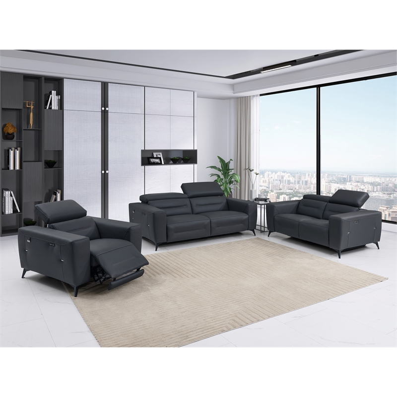 Titan Furnishings Italian Leather Sofa Set with Power Recliner in Dark Gray