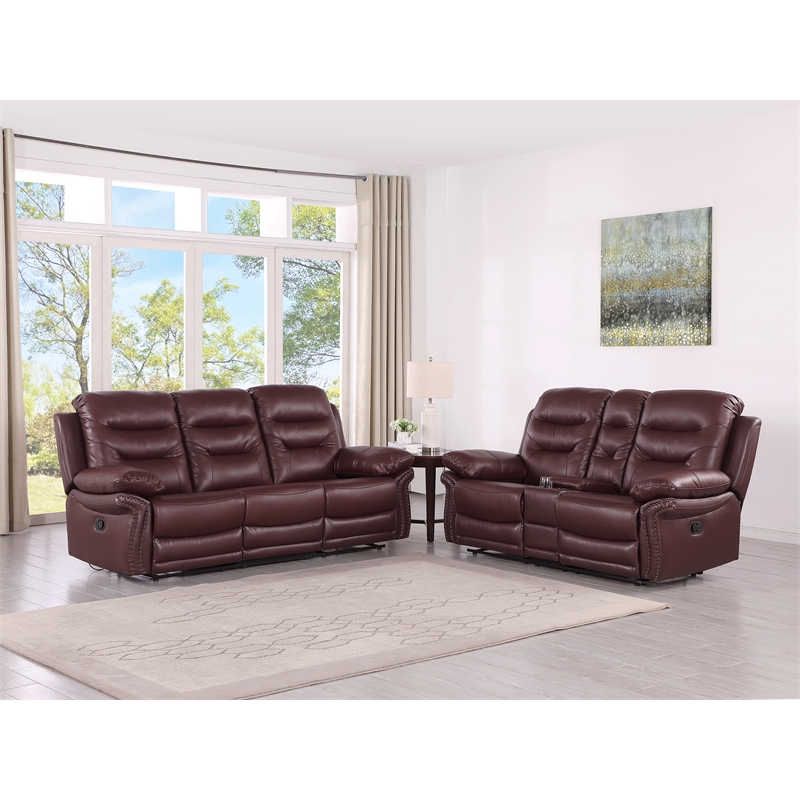 Titan Furnishings 2-Piece Leather Sofa with Console Loveseat in Burgundy Red
