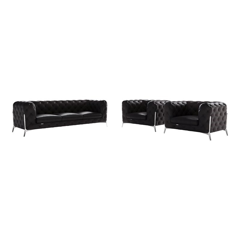 Titan Furnishings 3-Piece Genuine Italian Leather Sofa & 2 Chairs Set in Black