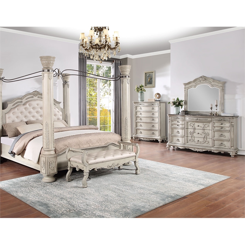 Avalon Furniture 90x101" Traditional Solid Wood King Canopy Bed in Antique White Cymax Business