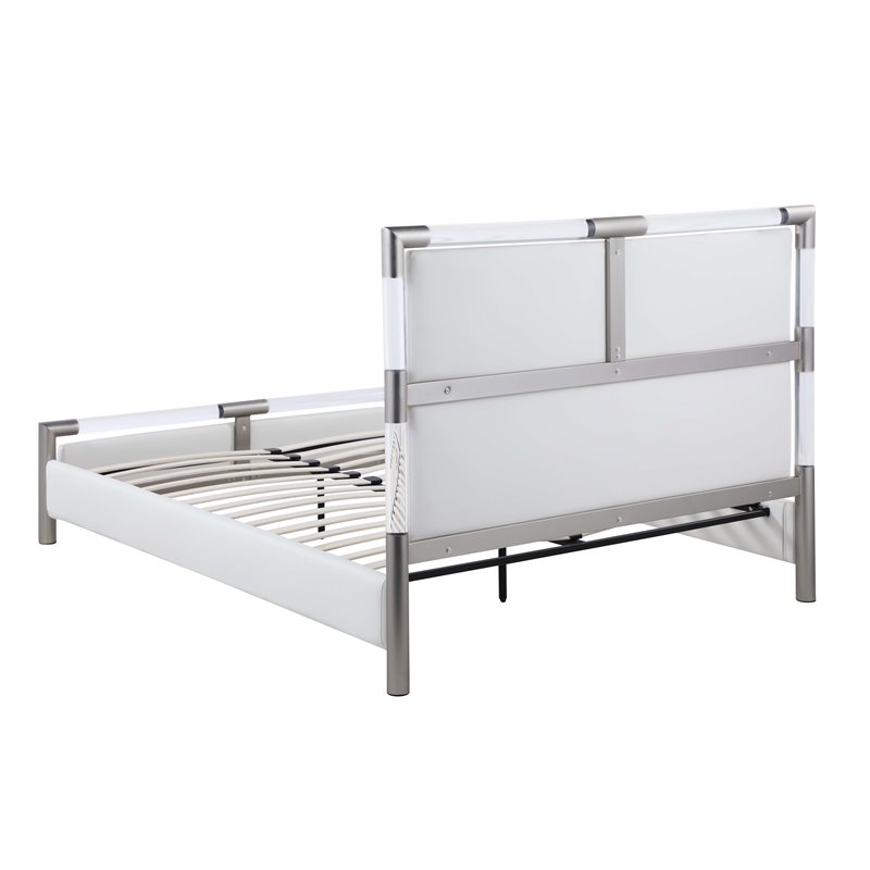 Milan Barry Metal & Faux Leather Diamond Stitched King-size Bed in Nickel/White