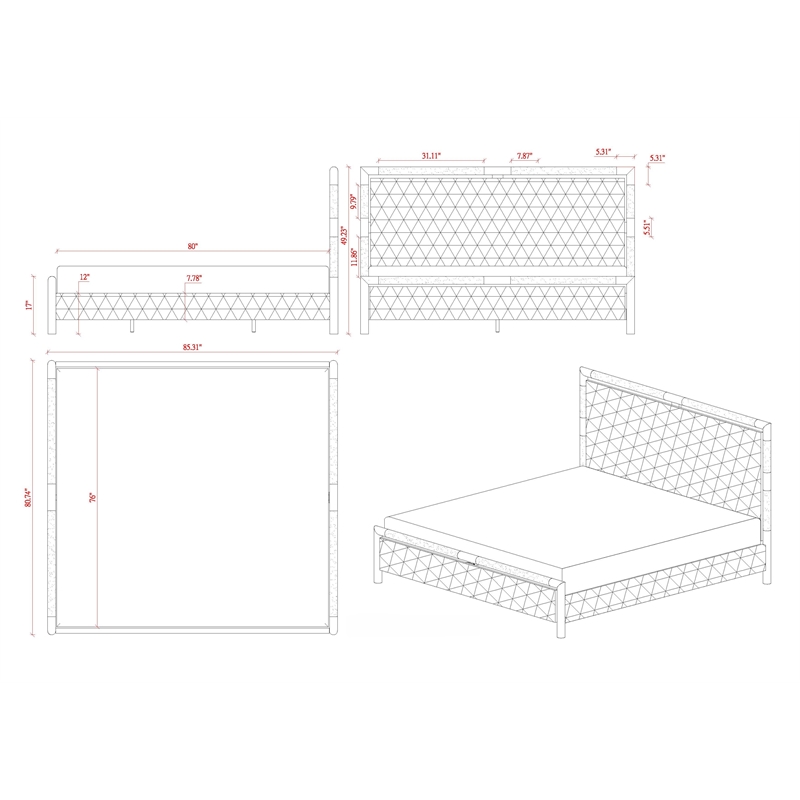 Milan Barry Metal & Faux Leather Diamond Stitched King-size Bed in Nickel/White