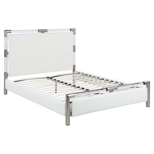 Milan Barry Metal & Faux Leather Diamond Stitched Queen-size Bed in Nickel/White
