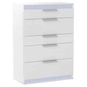 milan macalania 5-drawer wood bedroom chest with led accents in gloss white