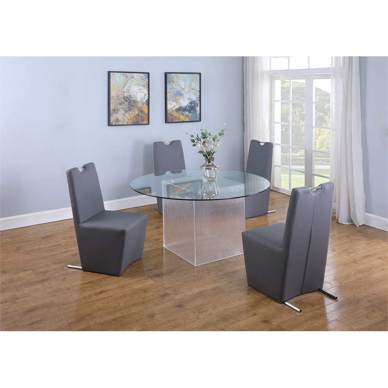 Milan Valor 5-piece Glass and Faux Leather Dining Set with Round Table in Gray