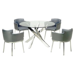 milan denise 5-piece round steel dining set with faux leather chairs in gray
