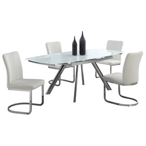 milan aliyana 5-piece steel and faux leather dining set in clear/white