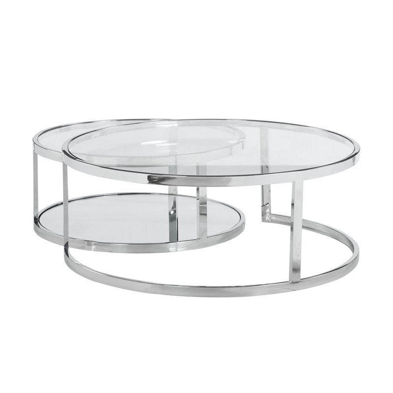 Milan Contemporary Steel and Glass 2-In-1 Nesting Cocktail Table Set in Clear