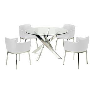 milan denise 5-piece round steel dining set with faux leather chairs in white