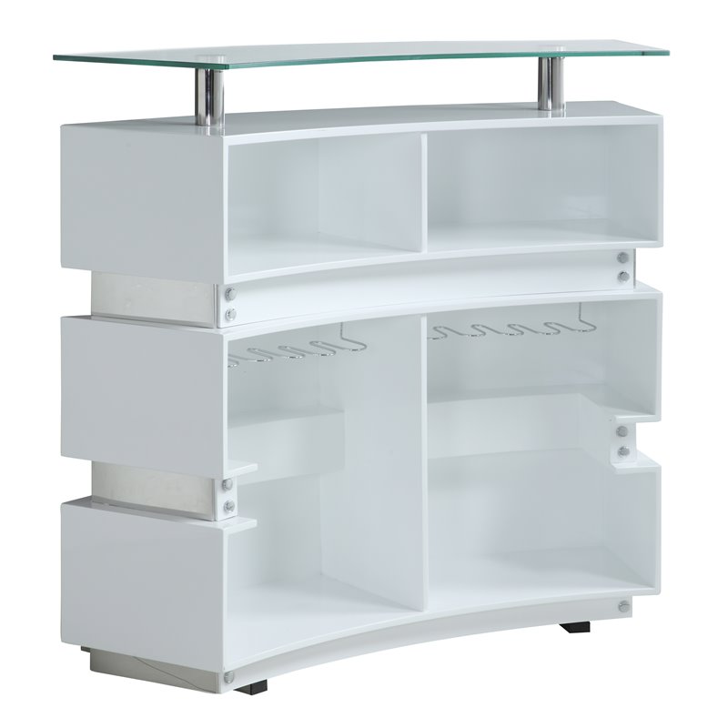 Milan Athena 3-shelf Steel MDF and Glass Channeled Front Bar in Clear and White