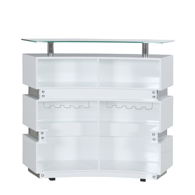 Milan Athena 3-shelf Steel MDF and Glass Channeled Front Bar in Clear and White