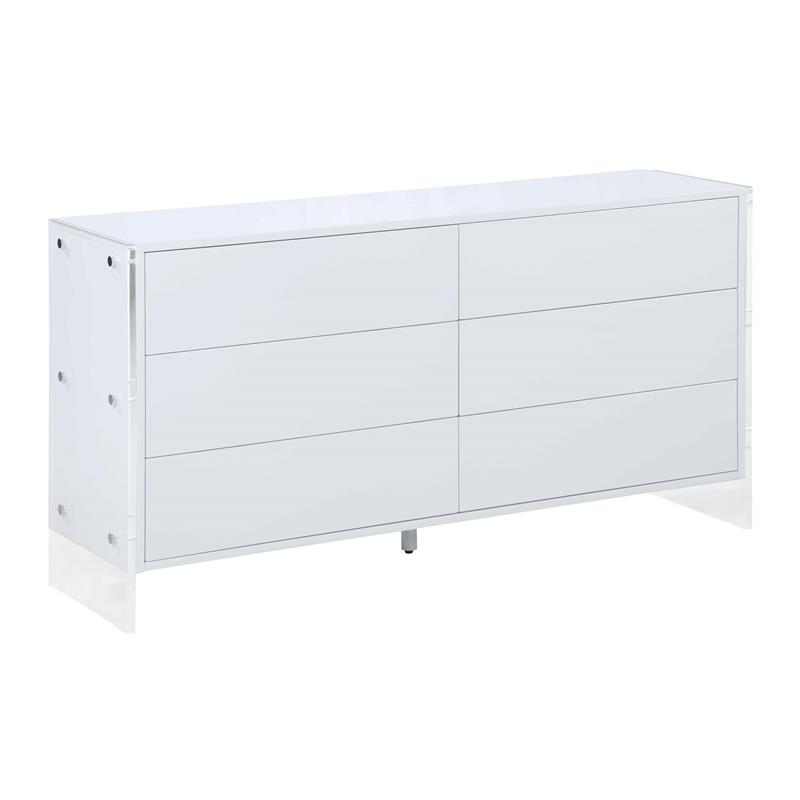 Milan Barry Collection Gloss White/Clear Wood & Acrylic Buffet with 6 Drawers