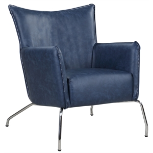 milan contemporary blue faux leather accent chair with steel frame