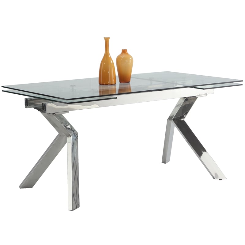 Milan Elora Tempered Glass Top Dining Table in Clear/Polished Stainless Steel
