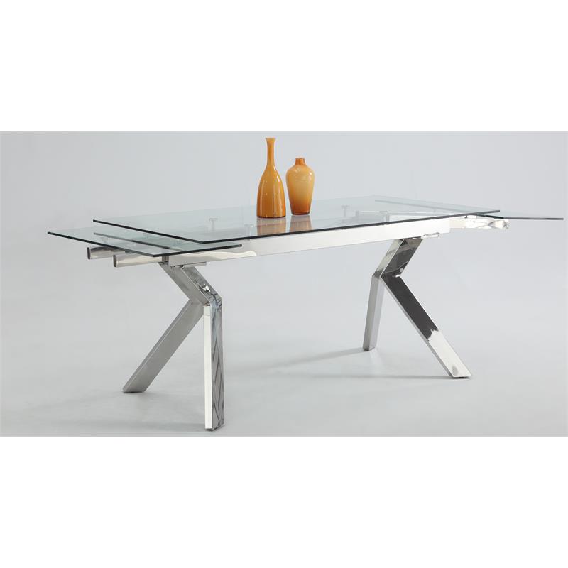 Milan Elora Tempered Glass Top Dining Table in Clear/Polished Stainless Steel