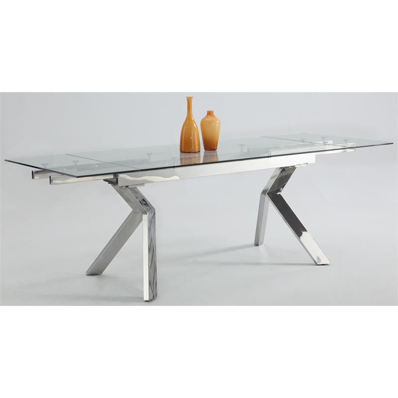 Milan Elora Tempered Glass Top Dining Table in Clear/Polished Stainless Steel