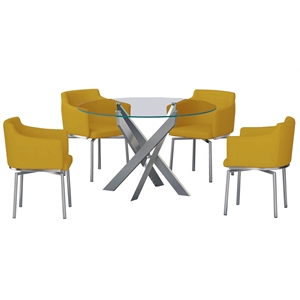 Milan Denise Dining Set w/ Round Glass Top Table & Mustard Yellow Swivel Chairs