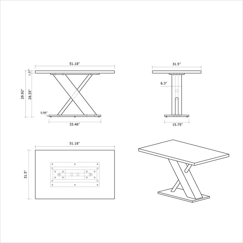 Milan Emily Modern Wood with Black Tempered Glass Top Dining Table
