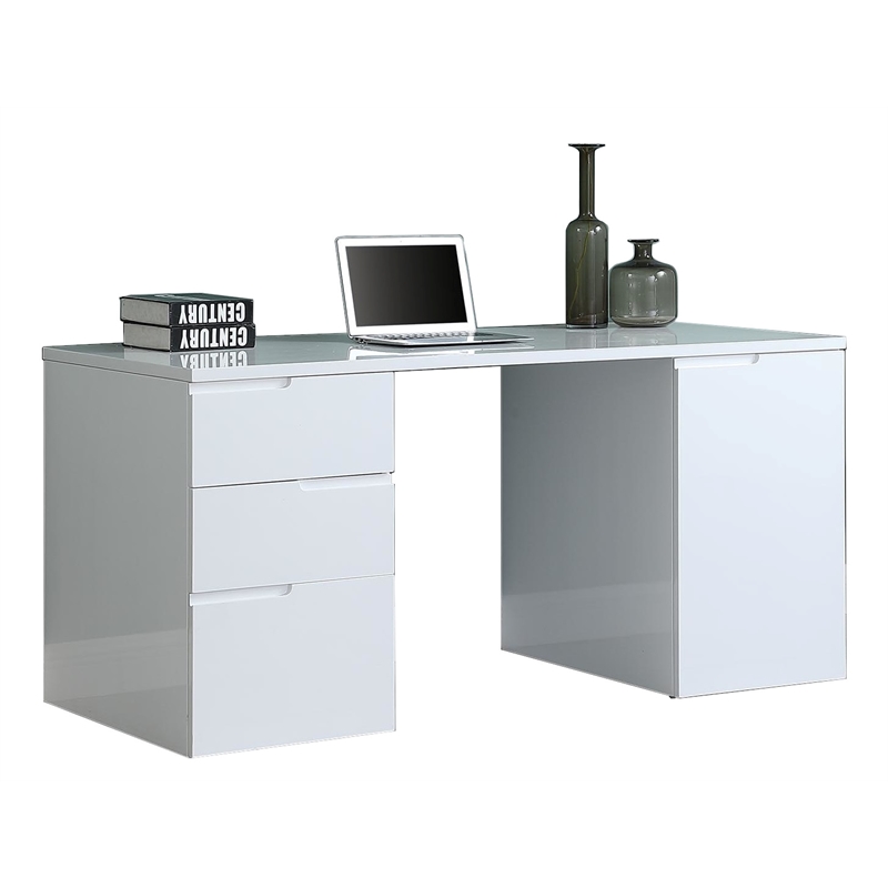 Milan Modern Gloss White Wood Desk with 3 Drawers and 1 Door