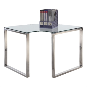 milan hadasa contemporary curved corner desk with clear glass top and steel base