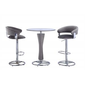 milan 3-piece round glass pub set w/ gray upholstered pedestal and 2 stools