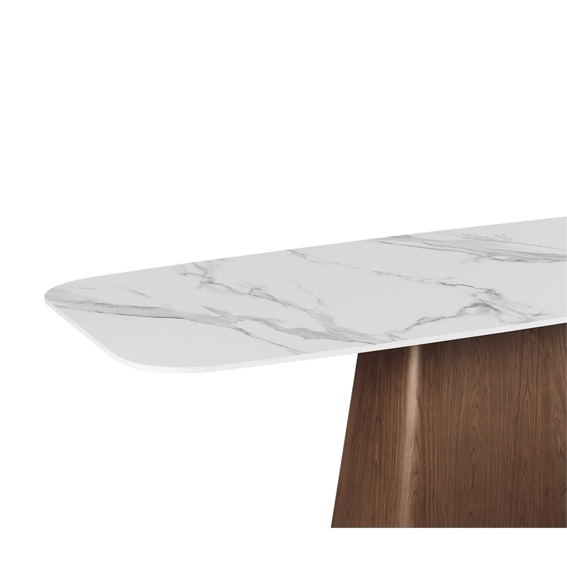 Milan Kenny White Modern Marbleized Sintered Stone Top Table with Wooden Base