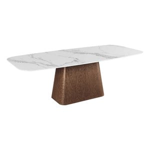 Milan Kenny White Modern Marbleized Sintered Stone Top Table with Wooden Base