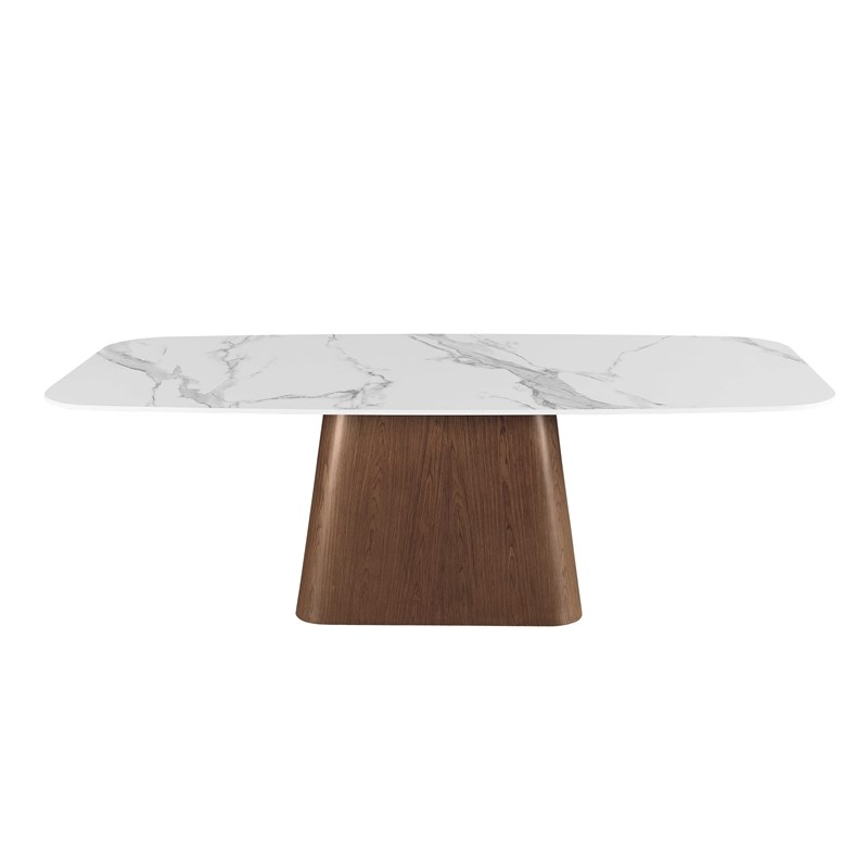 Milan Kenny White Modern Marbleized Sintered Stone Top Table with Wooden Base