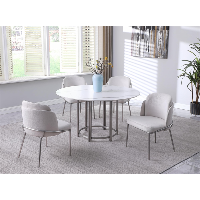 Milan Lacey White Marbleized Sintered Stone Top Dining Table with Steel Base