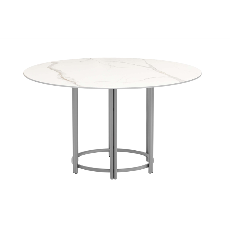 Milan Lacey White Marbleized Sintered Stone Top Dining Table with Steel Base