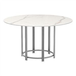 Milan Lacey White Marbleized Sintered Stone Top Dining Table with Steel Base