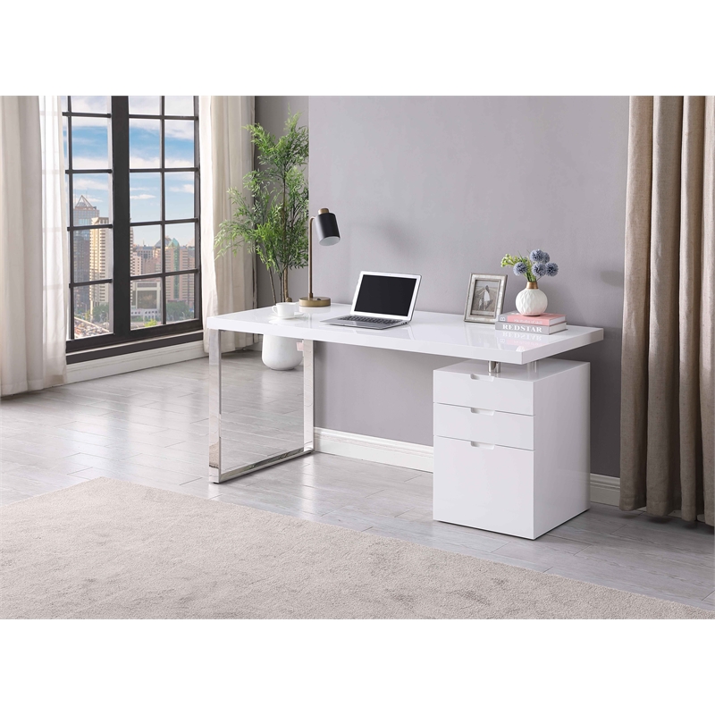 Milan Rotatable White Home Office Desk with Wooden Top & 3-Drawer Cabinet